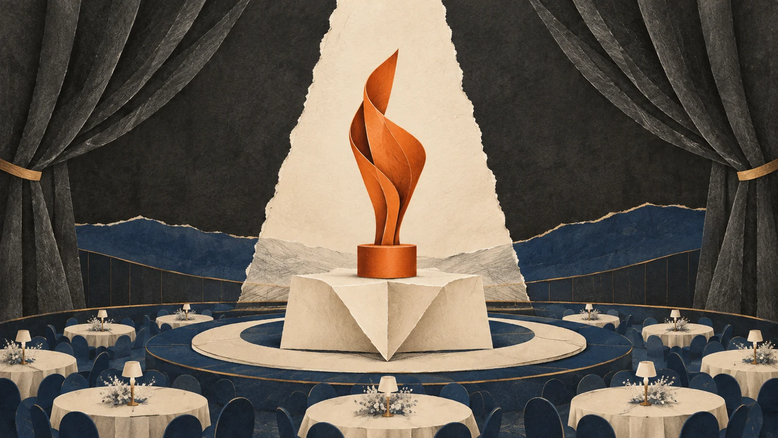 Editorial illustration of a trophy under a spotlight surrounded by gala dinner tables.