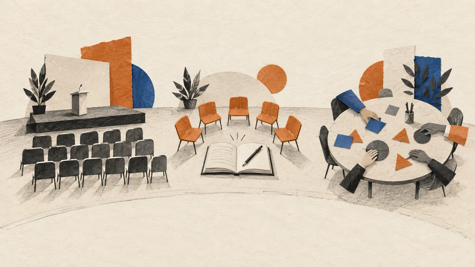 Illustration comparing conference seating, a seminar discussion circle and a hands-on workshop table.