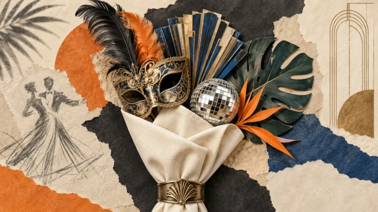 Illustration of a masquerade mask, decorative fan, disco ball and tropical leaf in a folded napkin.