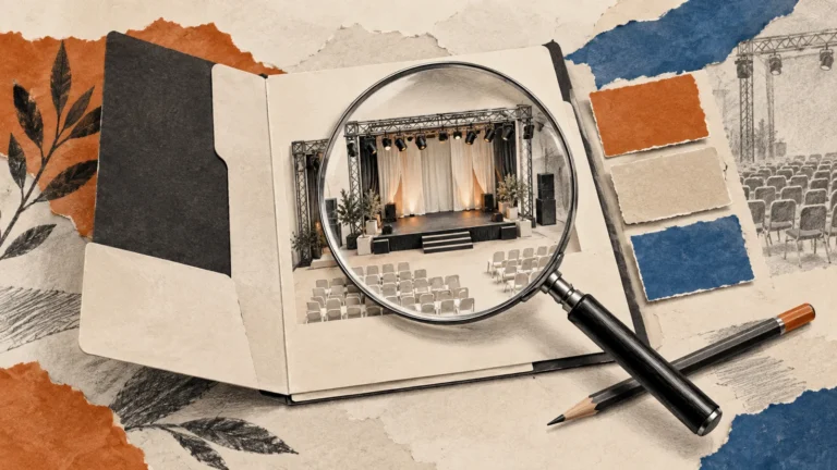 Illustration of a magnifying glass examining a stage design in an event portfolio.