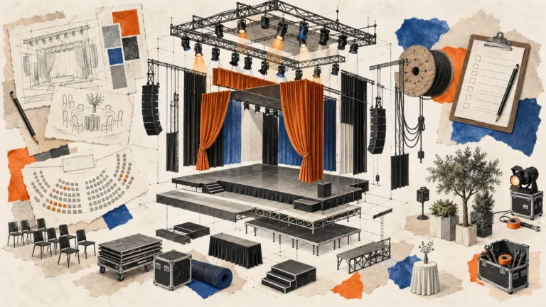 Illustration of the stage, lighting, planning sheets and equipment involved in event production.