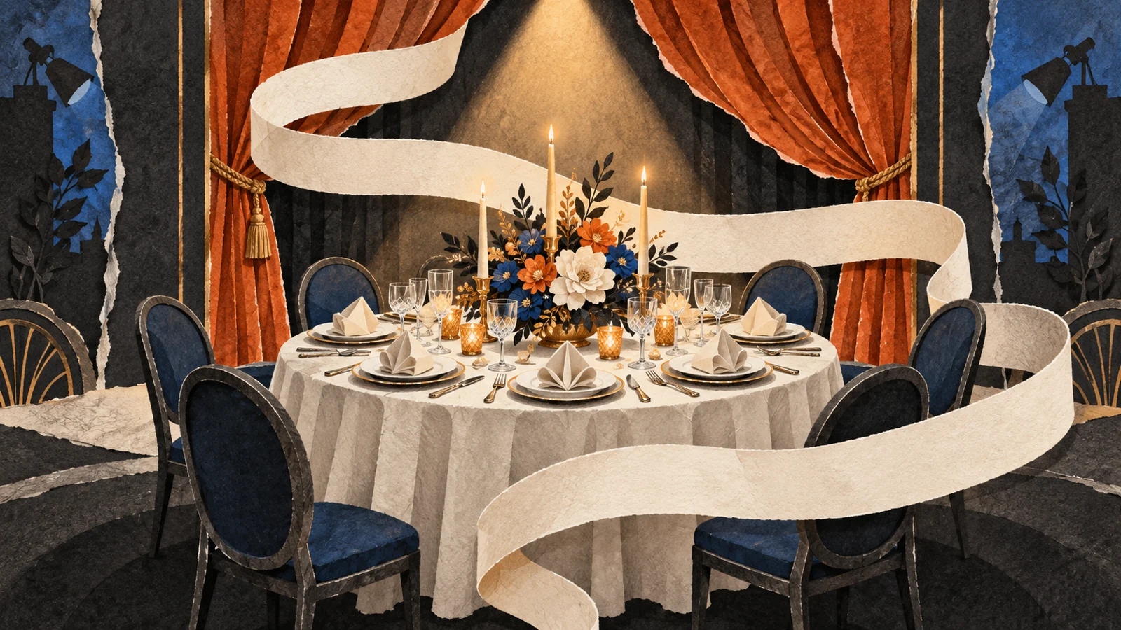 Illustration of a gala banquet table, theatre curtains and a blank flowing programme ribbon.