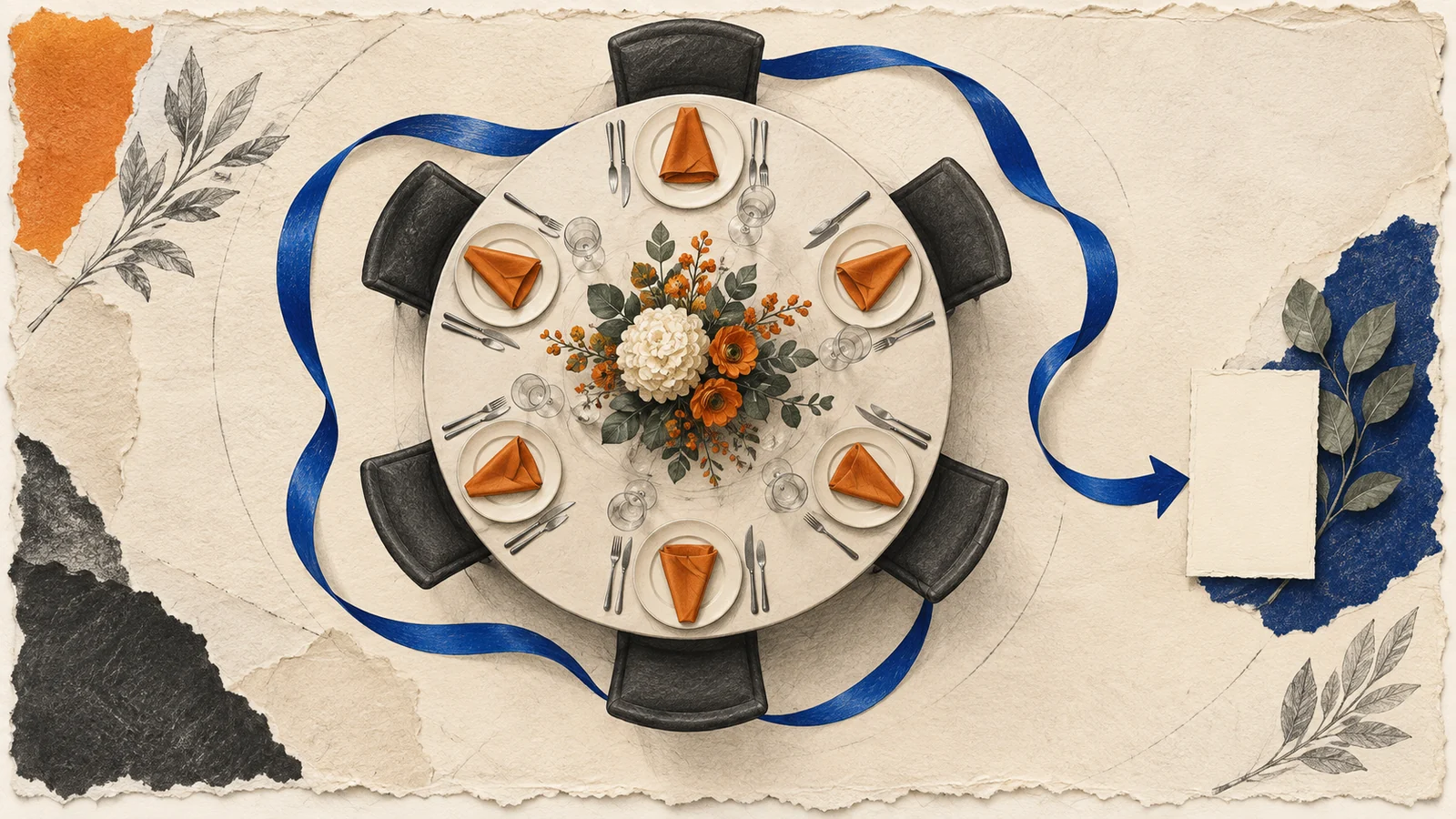 Editorial illustration of a round dinner table and a ribbon marking guest flow.