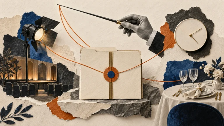 Editorial illustration of a conductor coordinating an event folder, lighting, dining and programme timing.