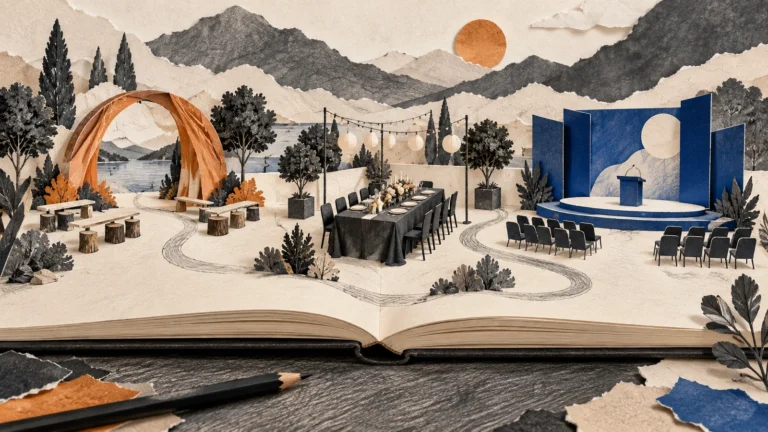 Editorial illustration of an open sketchbook containing several corporate event formats.