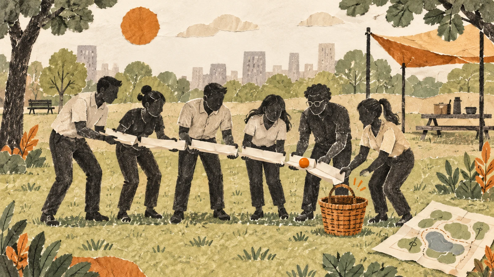 Illustration of colleagues guiding a ball along a shared channel in a level park.