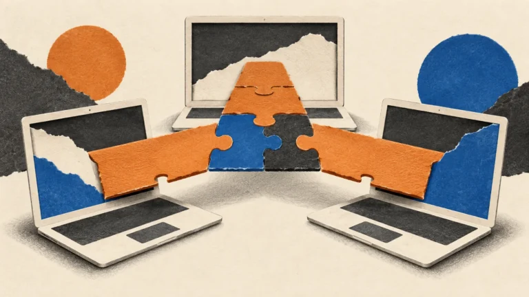 Editorial illustration of three laptops connected by a shared puzzle bridge.