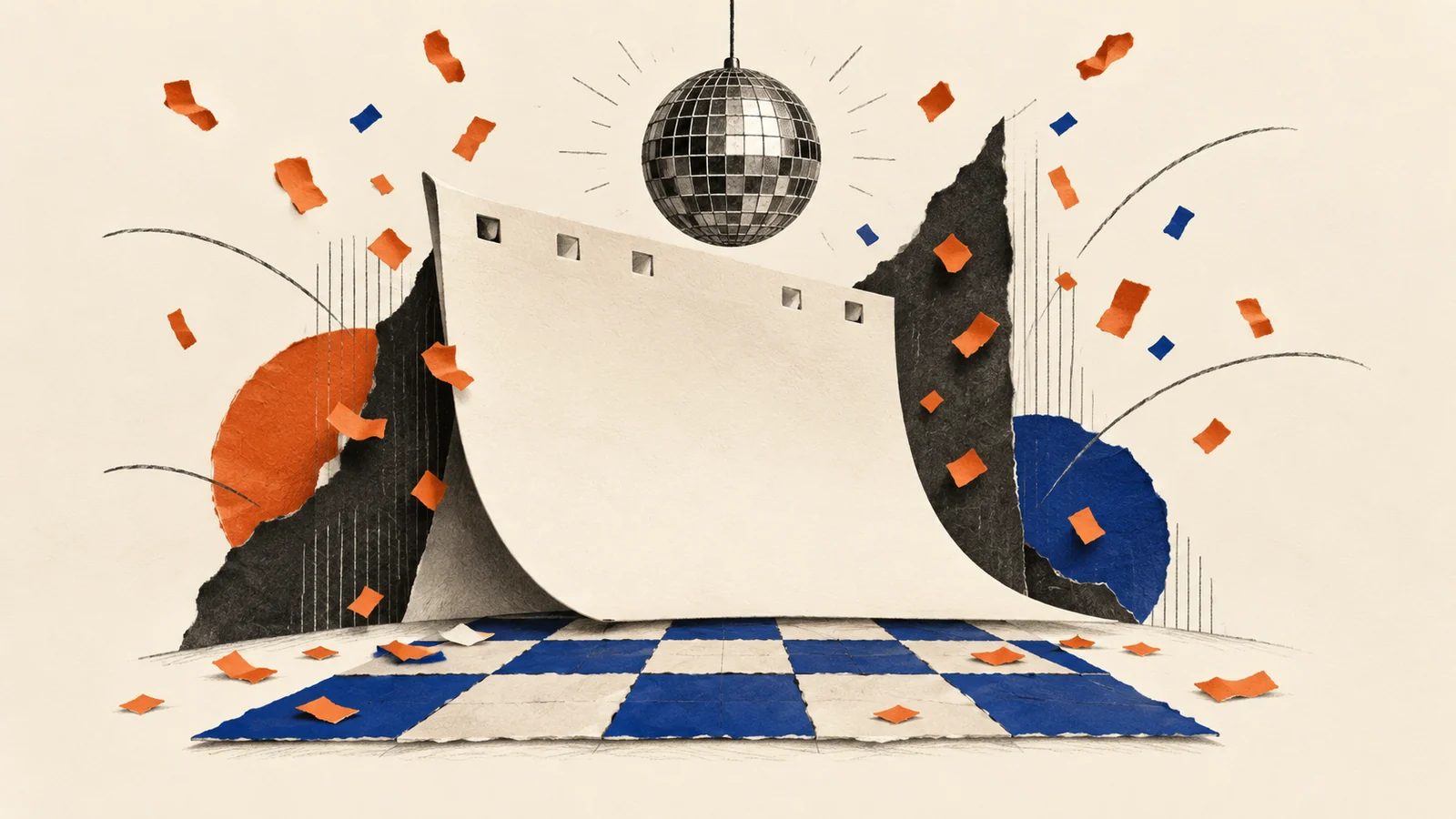 Editorial illustration of a blank calendar page unfolding into a party stage and dance floor.