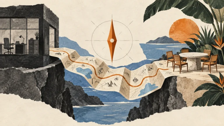 Editorial illustration of a folded-map bridge connecting an office with a retreat discussion table.
