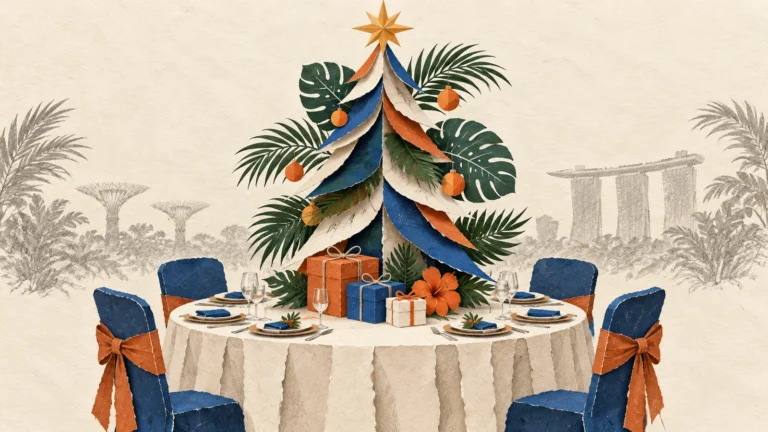 Editorial illustration of a tropical Christmas tree above a festive banquet table.