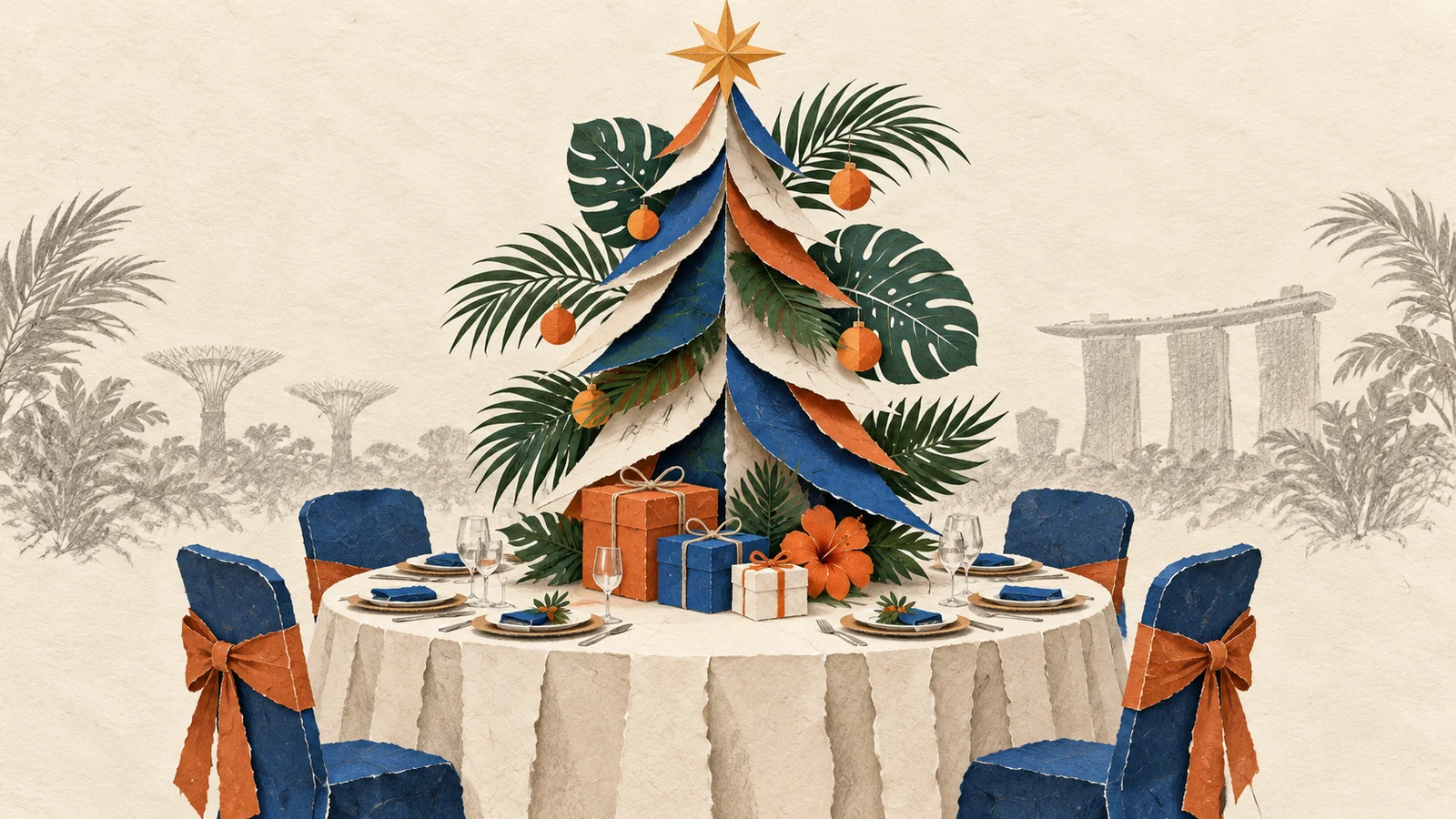 Editorial illustration of a tropical Christmas tree above a festive banquet table.