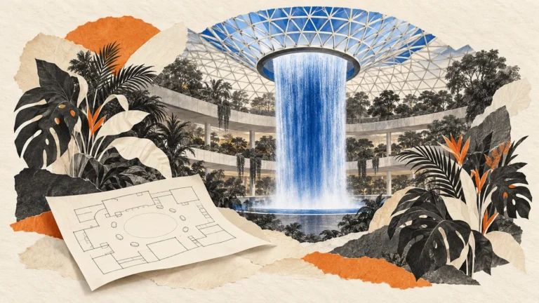 Conceptual illustration of an indoor waterfall beneath a glass dome, tropical plants and a planning sheet.