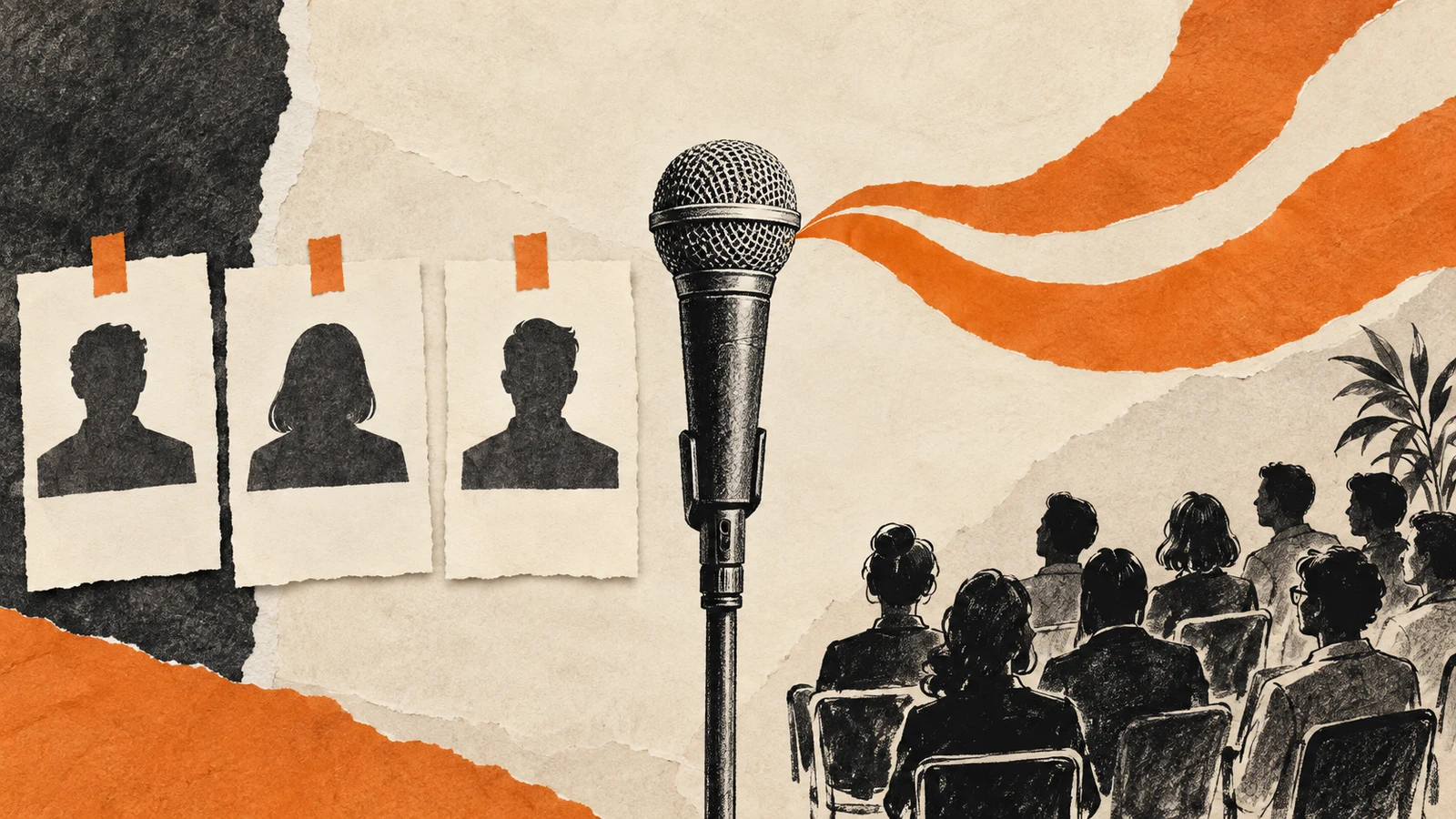 Illustration of a microphone, three audition cards and an attentive audience.