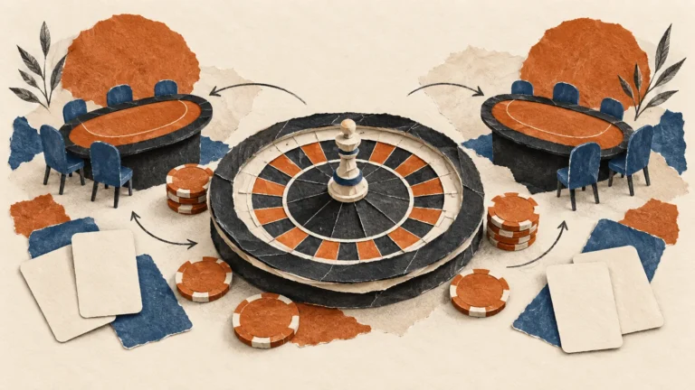Conceptual illustration of a roulette wheel, play chips and gaming tables connected by guest-flow arrows.