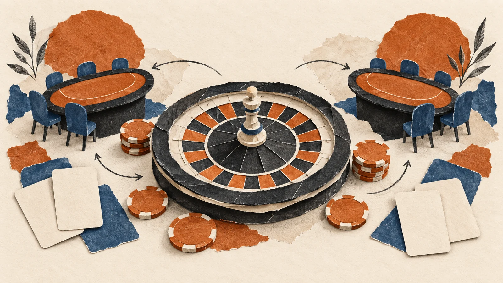 Conceptual illustration of a roulette wheel, play chips and gaming tables connected by guest-flow arrows.