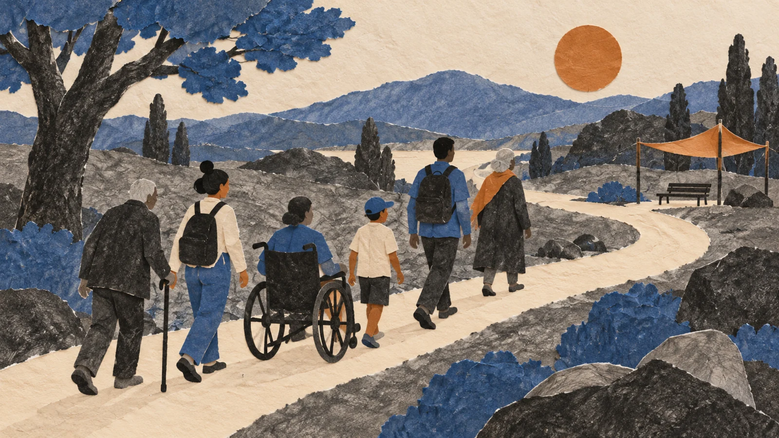 Conceptual illustration of people of different ages and a wheelchair user following a shared park path.