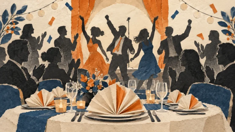 Conceptual illustration of a staff celebration with a banquet table and stage.