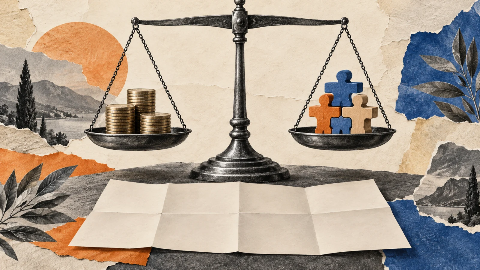Illustration of a balance scale comparing coins and cooperative puzzle blocks.