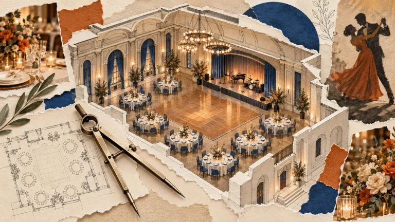 Illustration of a ballroom cutaway with banquet tables, a dance floor and measuring compass.
