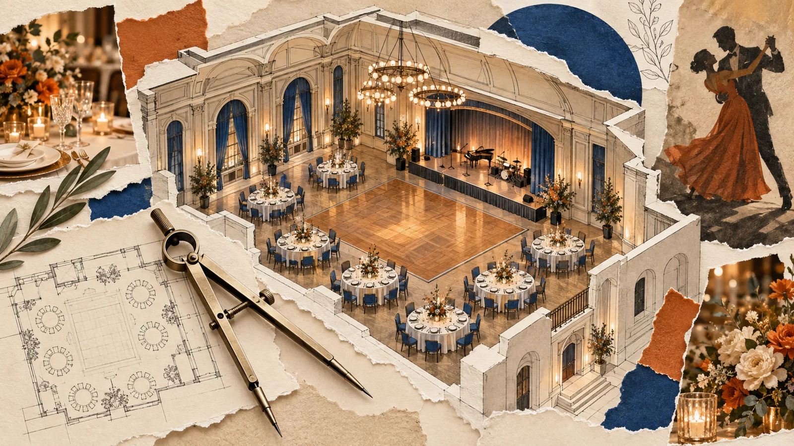 Illustration of a ballroom cutaway with banquet tables, a dance floor and measuring compass.
