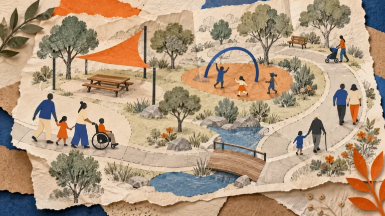 Illustration of an inclusive family day plan with a picnic table, shelter and walking path.