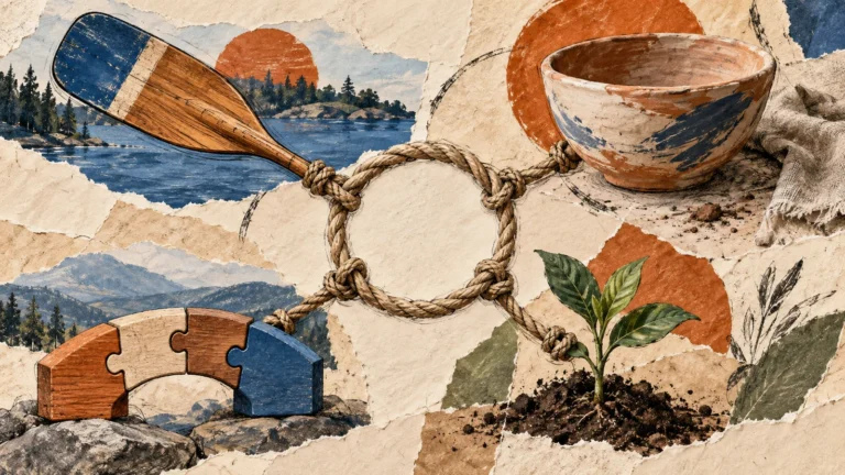 Illustration of a rope linking a paddle, workshop bowl, puzzle blocks and seedling.