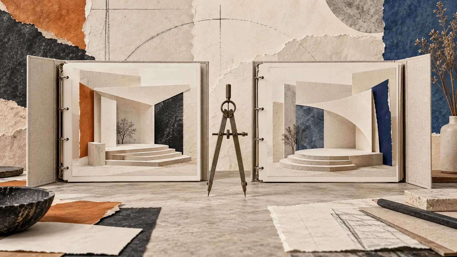 Illustration of two proposal binders with stage concepts and a measuring divider.