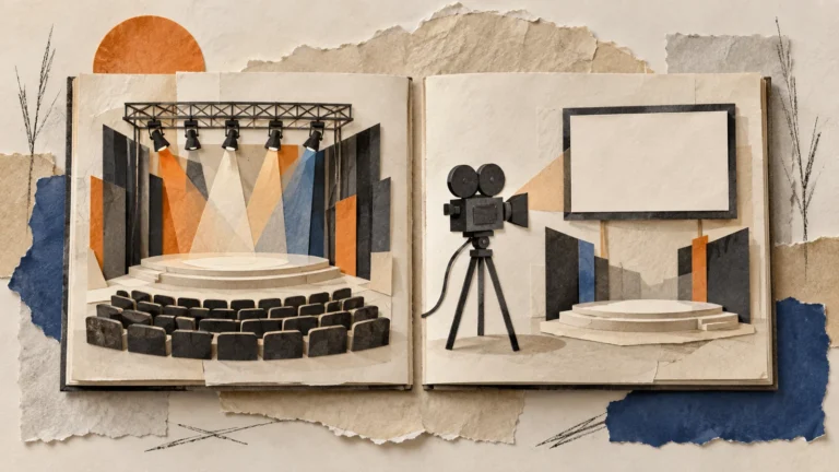Illustration comparing stage production and camera-linked event presentation concepts.
