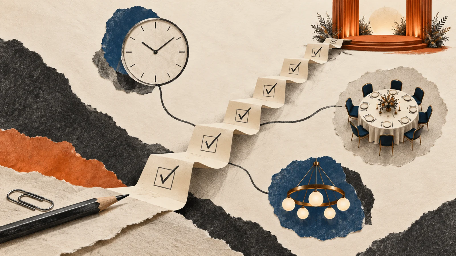 Editorial illustration of a checklist staircase linking a clock, banquet table, lighting and stage.