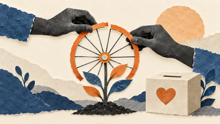 Conceptual illustration of hands assembling a bicycle wheel beside a sprouting plant and donation box.