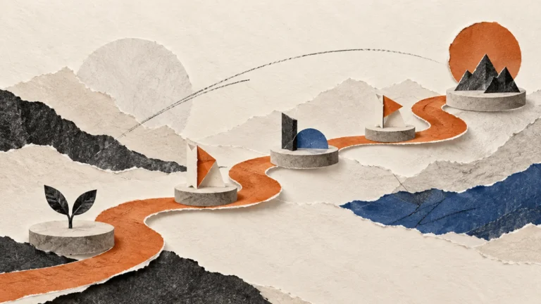 Conceptual illustration of a winding path linking small stage platforms and blank milestone markers.