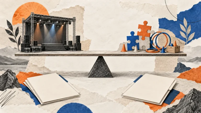 Editorial illustration balancing stage production and team-activity proposals.