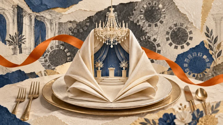 Editorial illustration of a gala stage emerging from a folded banquet napkin.