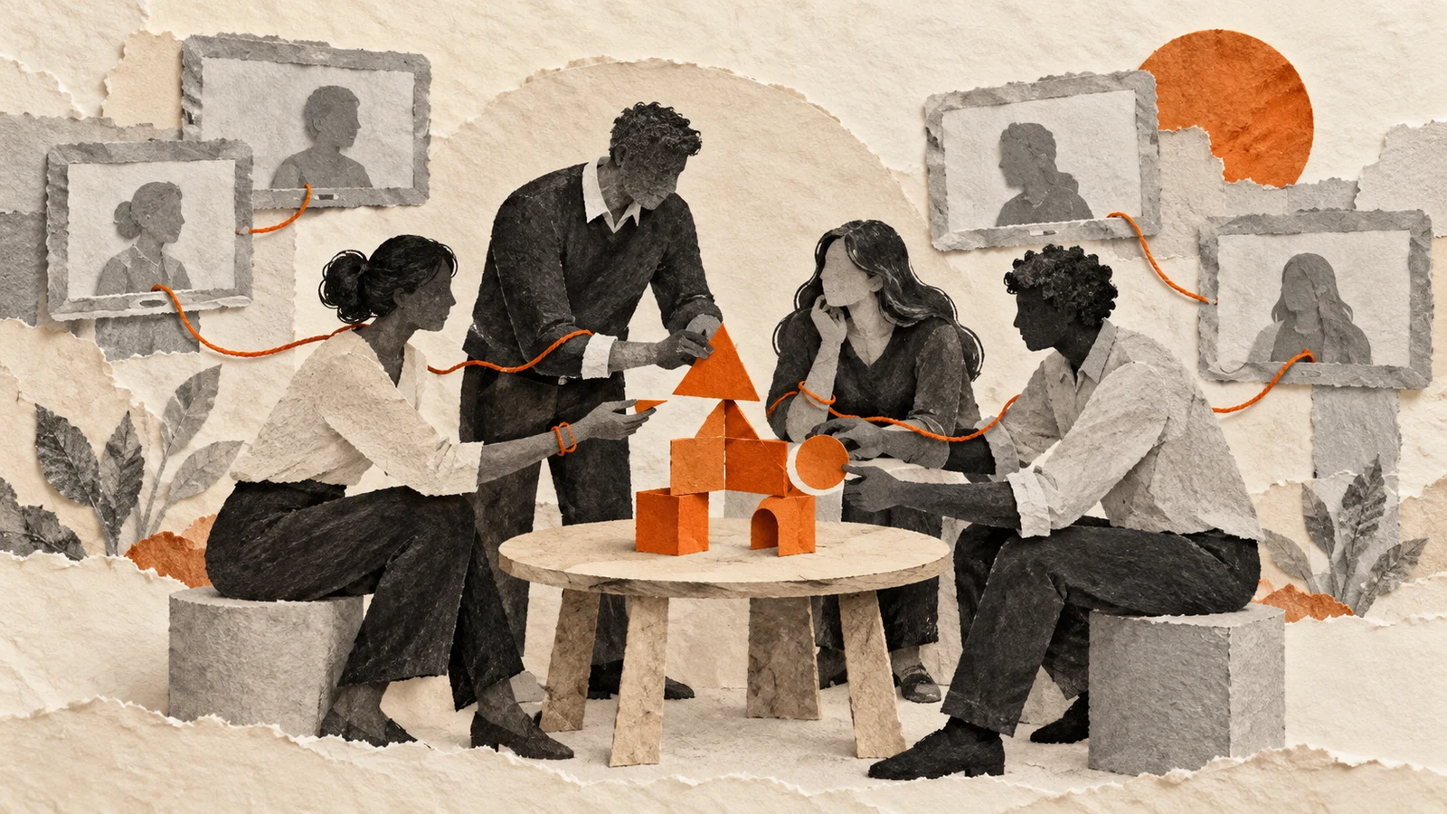Illustration of four colleagues collaborating around a table, connected to remote participants by an orange thread.
