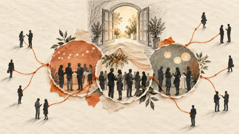 Illustration of people at three gatherings connected by an orange thread.