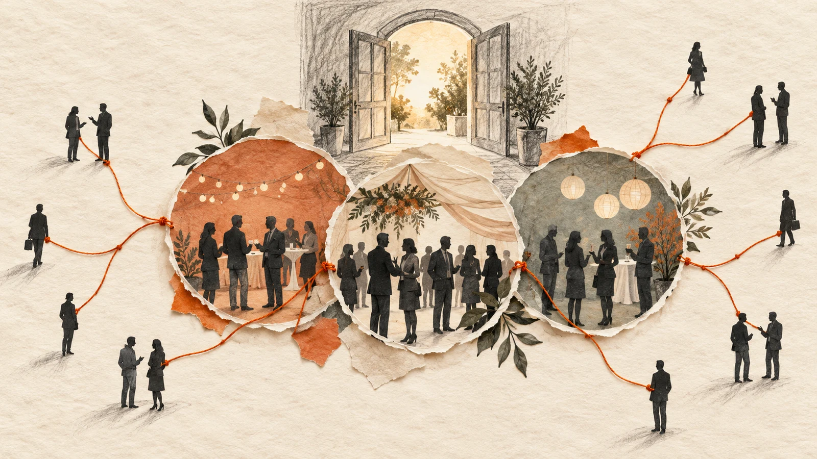 Illustration of people at three gatherings connected by an orange thread.