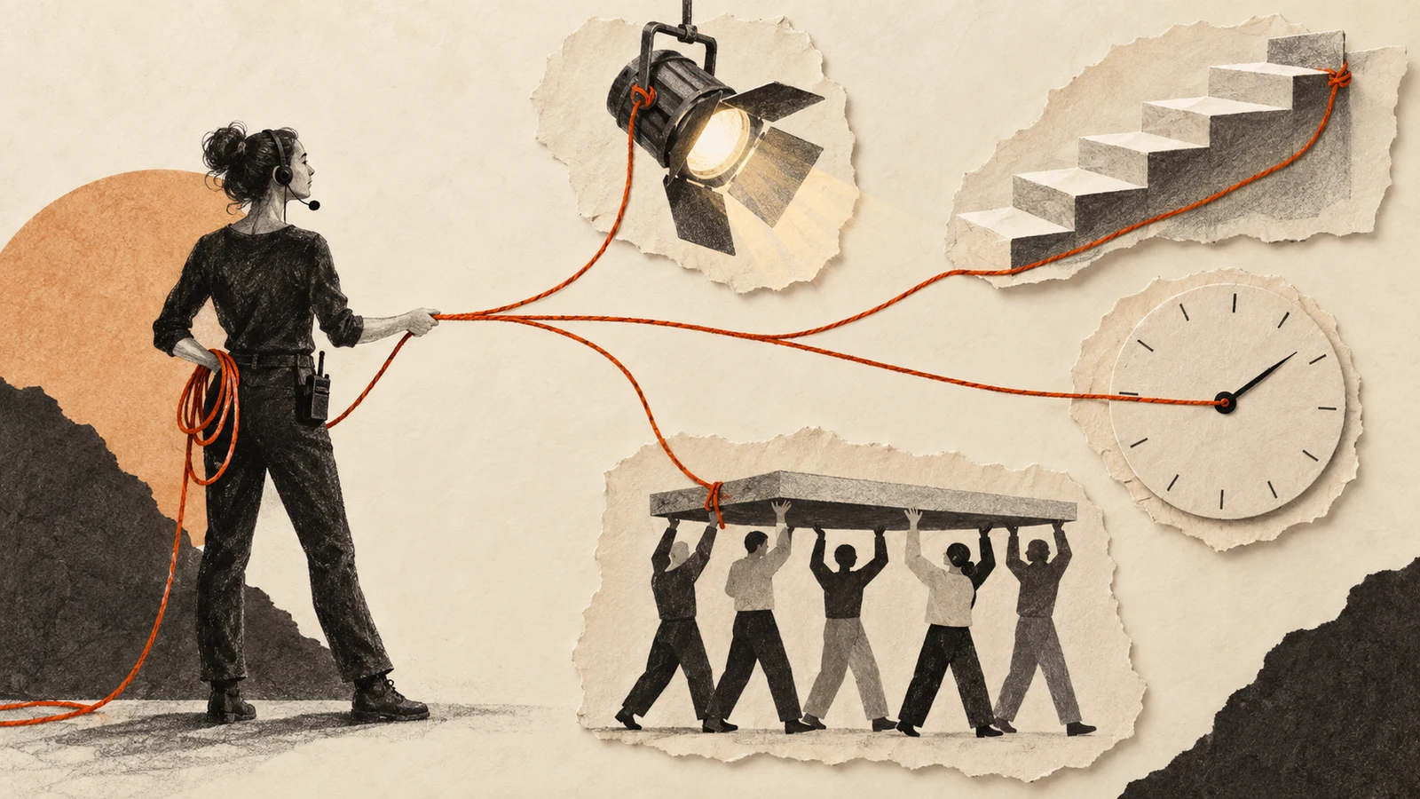Illustration of an event coordinator connecting lighting, timing and a team carrying a platform.