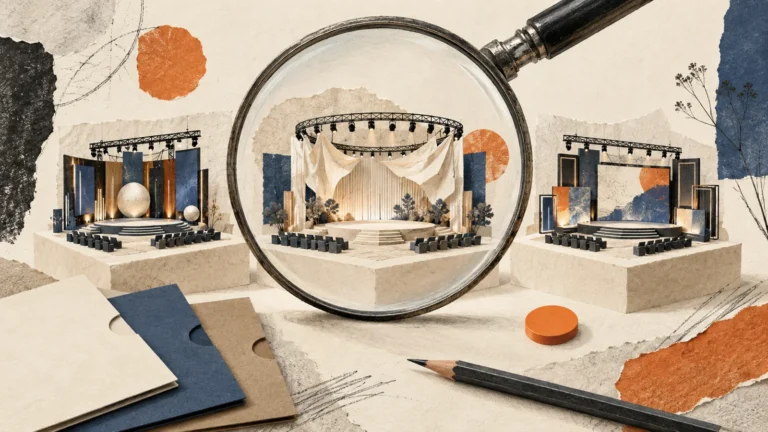 Editorial illustration of event-production proposals examined through a magnifying glass.
