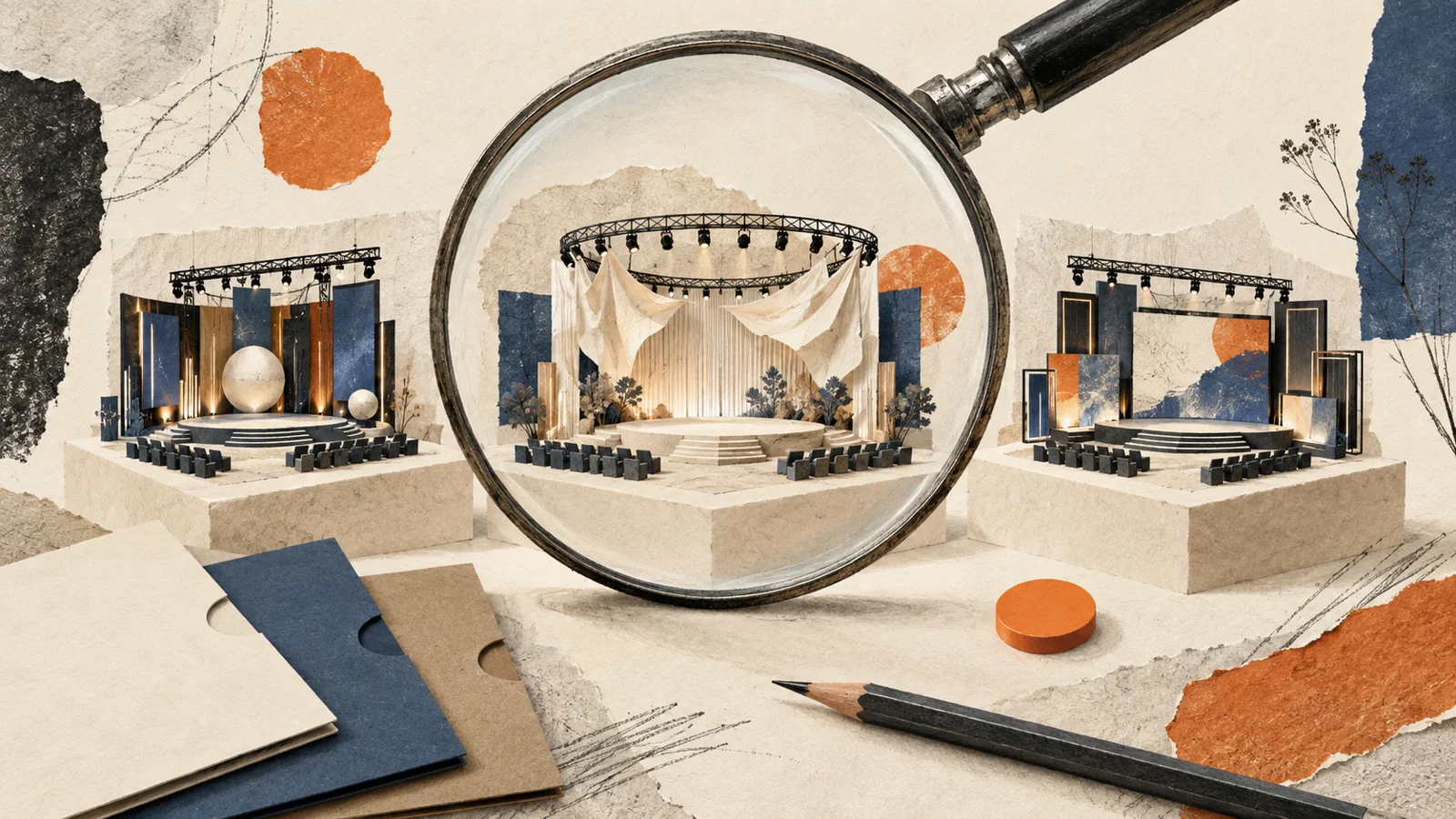 Editorial illustration of event-production proposals examined through a magnifying glass.