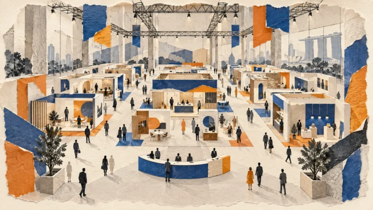 Conceptual illustration of exhibition booths, visitor aisles and an indoor hall.