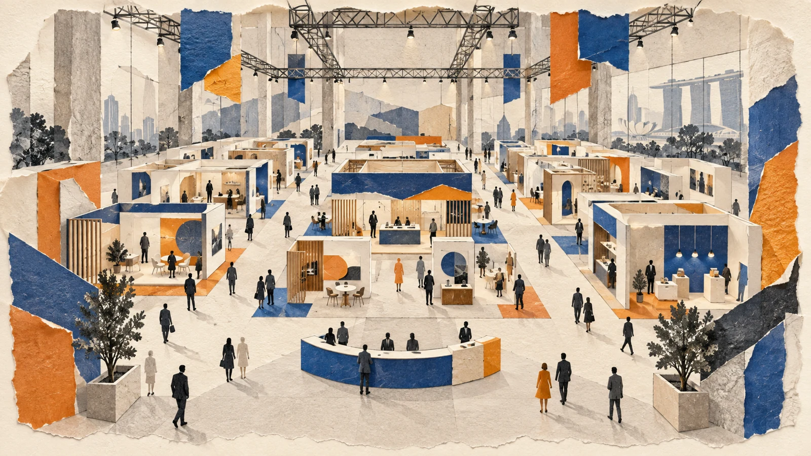 Conceptual illustration of exhibition booths, visitor aisles and an indoor hall.