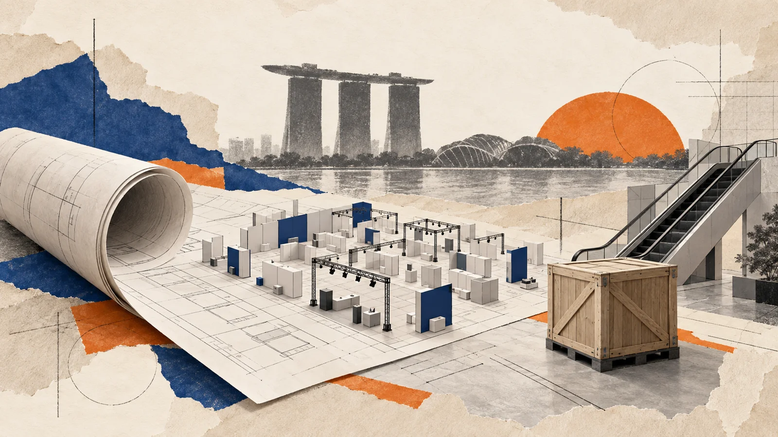 Conceptual illustration of exhibition planning materials with a simplified Marina Bay skyline.
