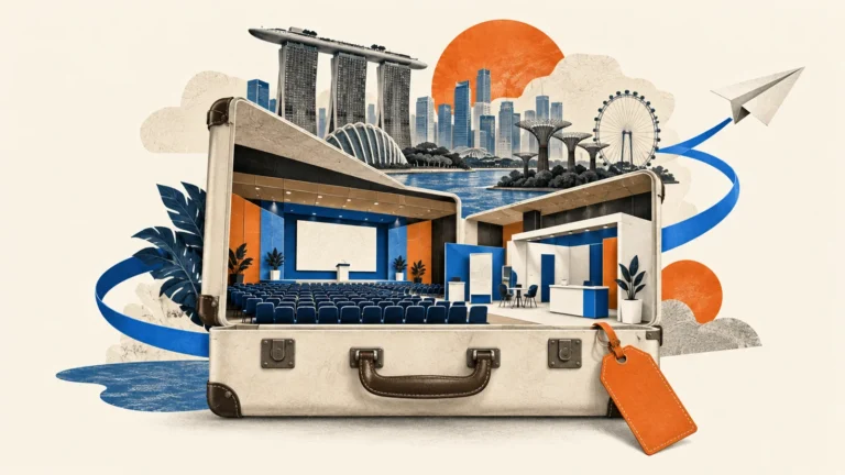 Editorial illustration of business-event venues unfolding from a travel suitcase.