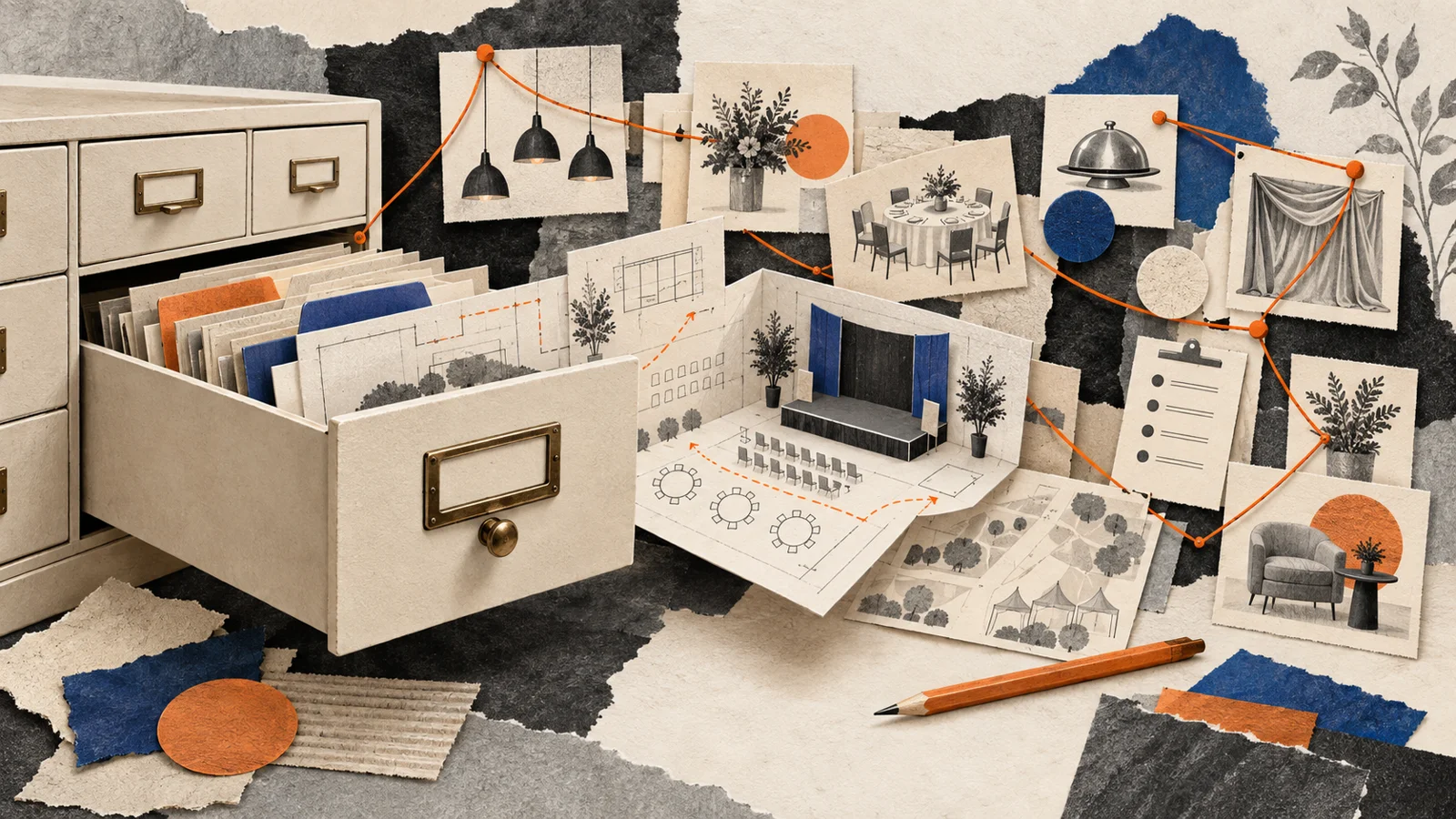 Editorial illustration of a resource drawer containing event plans and planning tools.