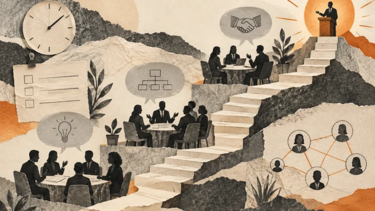 Illustration of discussion tables connected by steps to a summit podium.