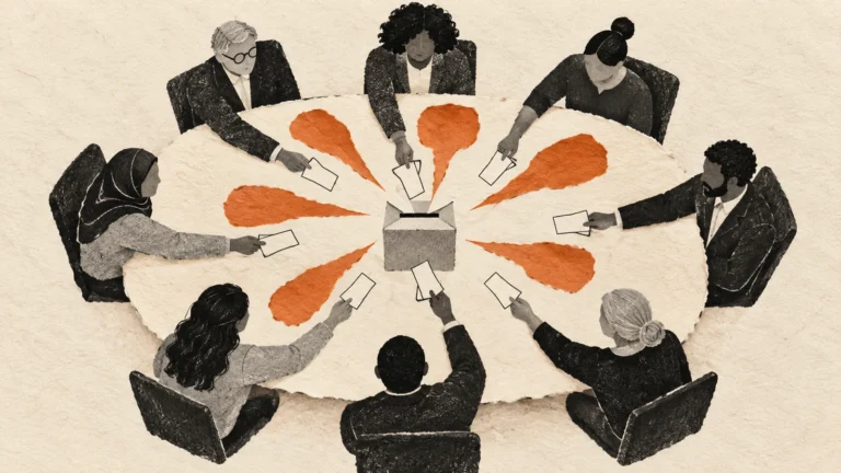 Illustration of meeting participants contributing blank ballots around a shared table.