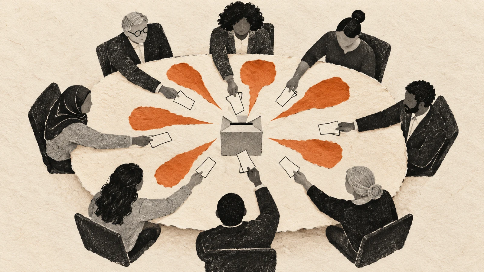Illustration of meeting participants contributing blank ballots around a shared table.