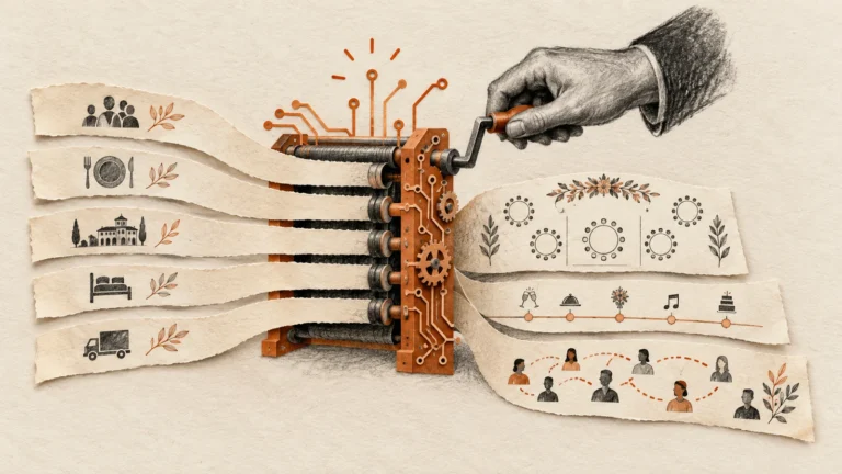 Illustration of a hand-operated planning mechanism organising event information.