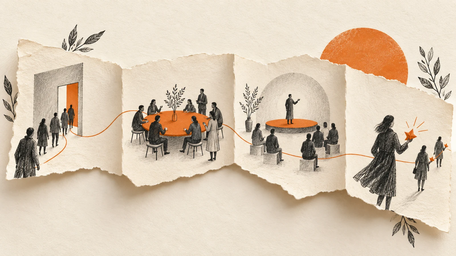 Illustration of a guest journey from arrival through conversation and a shared presentation.