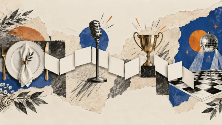 Editorial illustration of dinner, microphone, award and dance-floor cues along a folded programme.